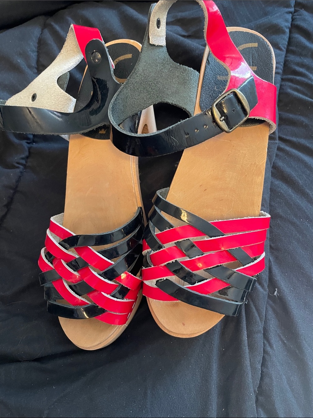 Patent Leather Red & Black Woven Ankle-Strap Sandals
